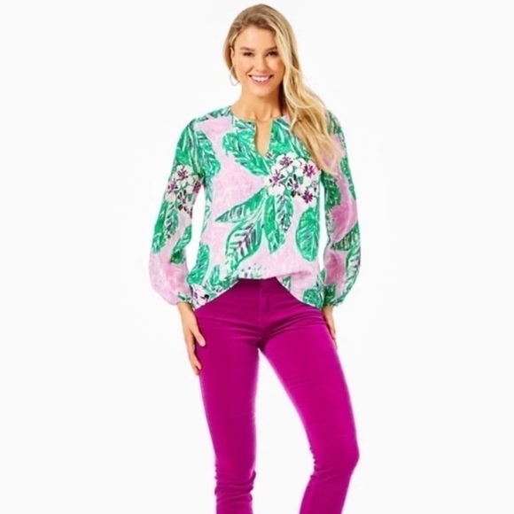 Lilly Pulitzer Aaron Silk Top Magnolia Lilac Leidees Night Size XS NEW - Picture 2 of 14